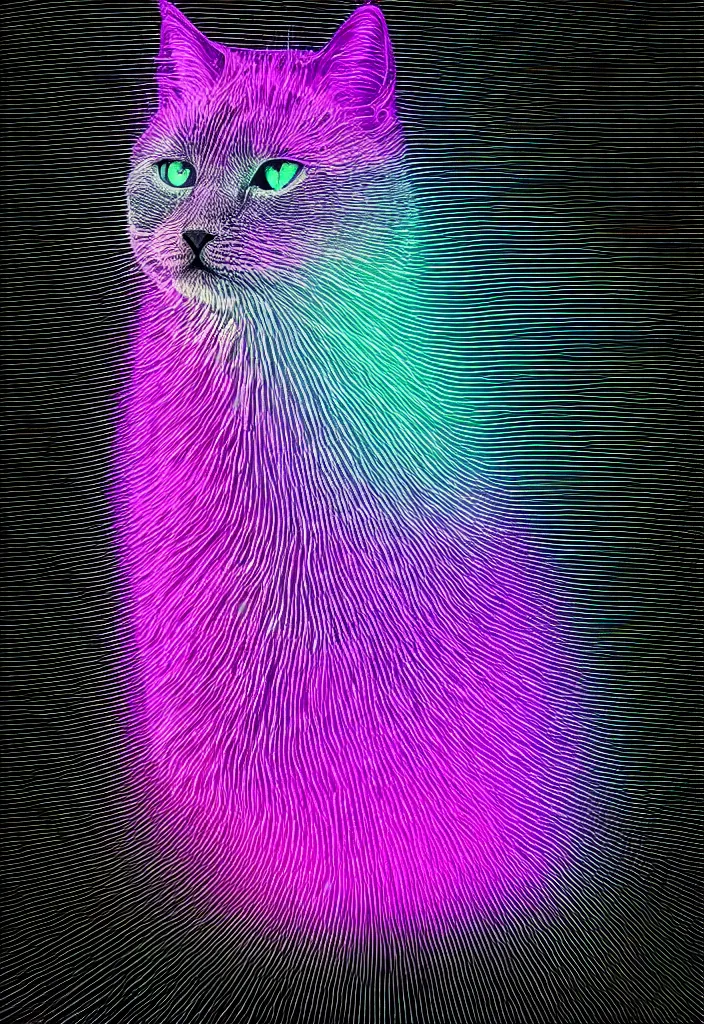 Image similar to stacked plot of radio emissions from a pulsar, abstracted light refractions and stripy interference, making up a fluffy cat, isolated on black, highly detailed high resolution, silk screen t-shirt design in the style of FELIPE PANTONE 4K