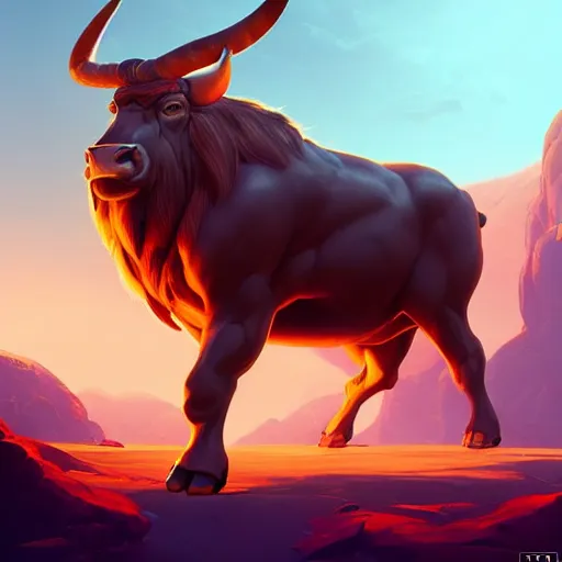 Image similar to portrait of a minotaur, an antropomorphic creature with a bull face, dark hair, mattepainting concept blizzard pixar maya engine on cold night stylized background splash comics global illumination lighting artstation lois van baarle, ilya kuvshinov, rossdraws