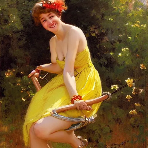 Prompt: a detailed portrait of a real cute girl on swing, wearing a yellow dress, smiling coy, painting by gaston bussiere, craig mullins, j. c. leyendecker, award winning hd photo