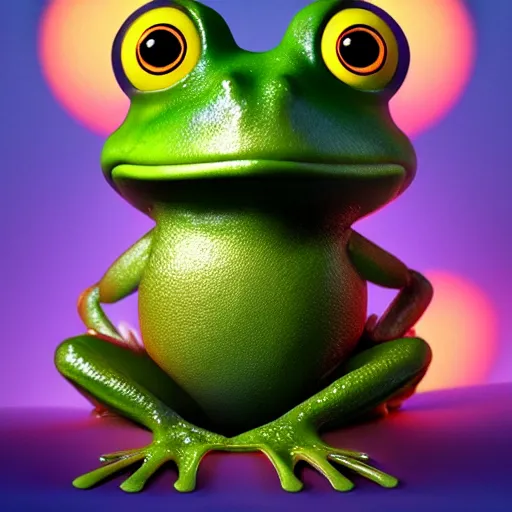 Prompt: frog cute character in water with water lily fireflies around, cute big eyes with details in body, poster, bioluminescence, vegetation, water bubbles, flying shot, portrait, full shot, rim light, pixar, octane render,