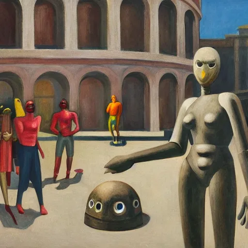 Image similar to weeping robot surrounded by cloaked disciples in masks, brutalist courtyard, colosseum interior, by PJ Crook and Edward Hopper