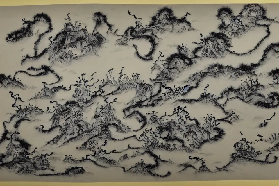 Prompt: mythical monsterss, traditional chinese ink painting, yellowing paper.