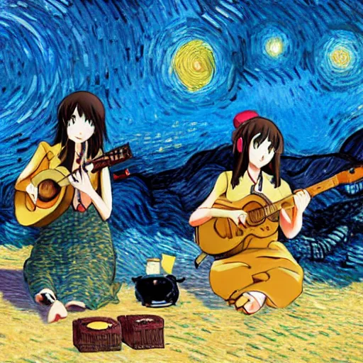 Image similar to k - on houkago tea time anime in the style of vincent van gogh, playing their respective instruments on a beach during a partly cloudy sunset