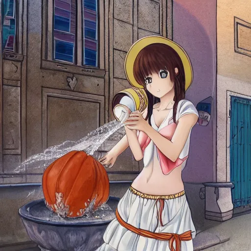 Image similar to anime girl in a greek attire pouring water out of a gourd into a fountain, spanish alleyway