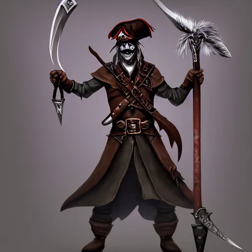 Image similar to D&D character art of undead pirate captain wielding a sandstone rapier and sandstone dagger, weapons made of sandstone. Wearing a hat with an impressive feather and with a brutal scar across his neck. Dark magic, necromancy, dark lighting, flux. High fantasy, digital painting, HD, 4k