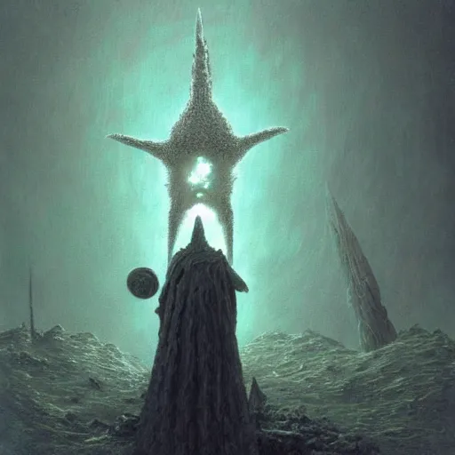 Prompt: patrick star as a dark souls boss by zdzisław beksinski