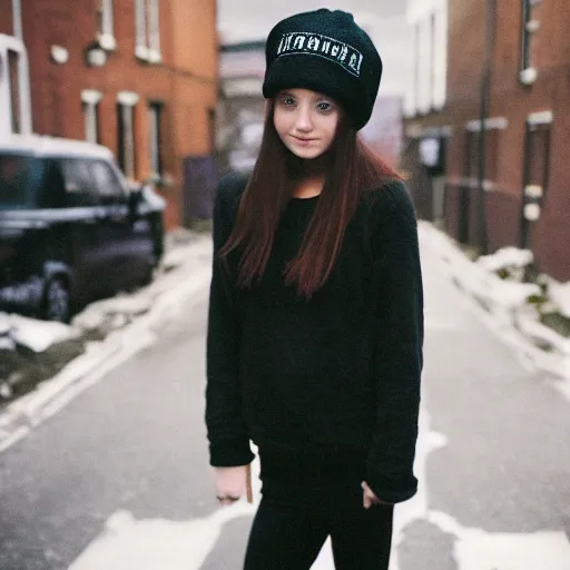 Image similar to an emo girl wearing a black beanie hat, British street background, 2006