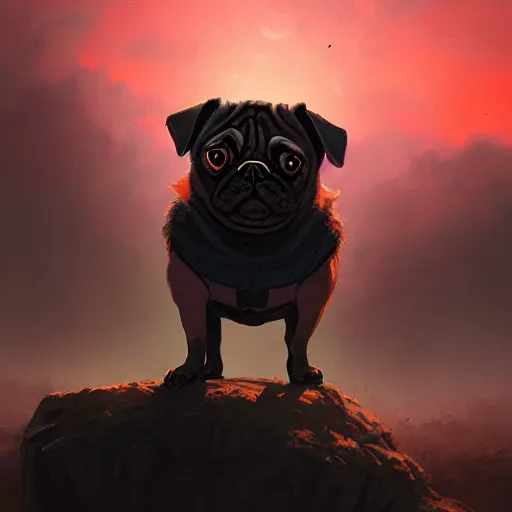 Image similar to anthropomorphic pug, alone on a battlefield surrounded by corpses of animals, horror , backlight, red sky, highly detailed, digital painting, artstation, concept art, matte, sharp focus, illustration, by Greg Rutkowski and frazetta