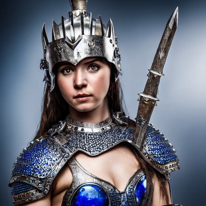 Image similar to full length photo of a cute beautiful warrior queen wearing sapphire encrusted armour, highly detailed, 4 k, hdr, smooth, sharp focus, high resolution, award - winning photo