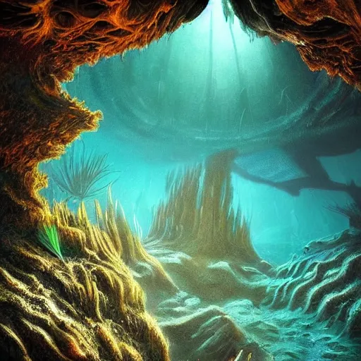 Prompt: lush alien underwater landscape, lush alien underwater pillars, lush alien underwater canyon landscape, Christian Cline, Alex Ries, digital art