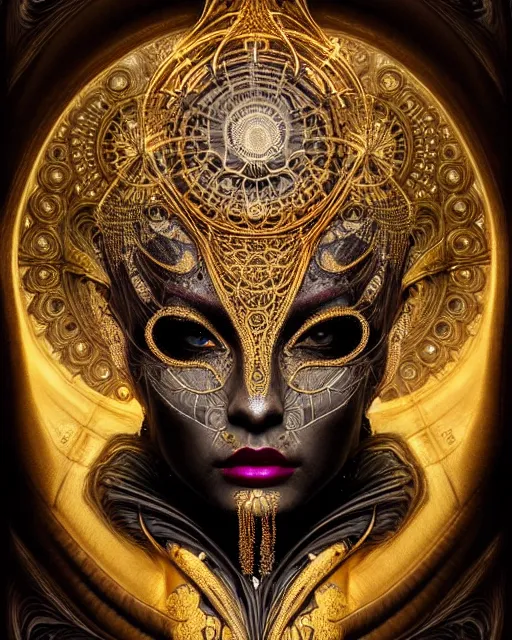 Image similar to hyperrealistic detailed portrait of a beautiful dark goddess in an intricate golden ornamental geometrical ritual mask, intricate cyberpunk make - up, insane details, art by ernst haeckel, nekro borja, android jones, alphonso mucha, gothic - cyberpunk, ornamental, beautiful deep colours,