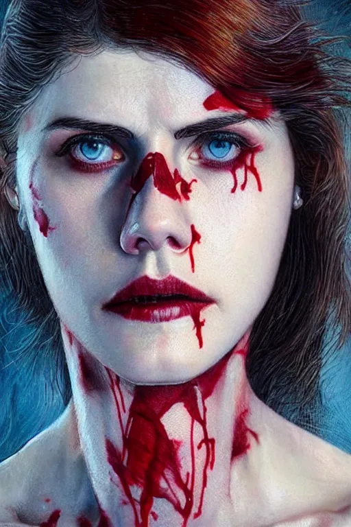 Image similar to woman covered with blood, covered with skeleton tattoo, alexandra daddario face!!!, masterpiece portrait, long red hair, beautiful blue eyes, ultra realistic, concept art, intricate details, highly detailed, photorealistic, octane render, 8 k, unreal engine. retro film still, heavy grain, 3 5 mm, art by artgerm and greg rutkowski and alphonse mucha