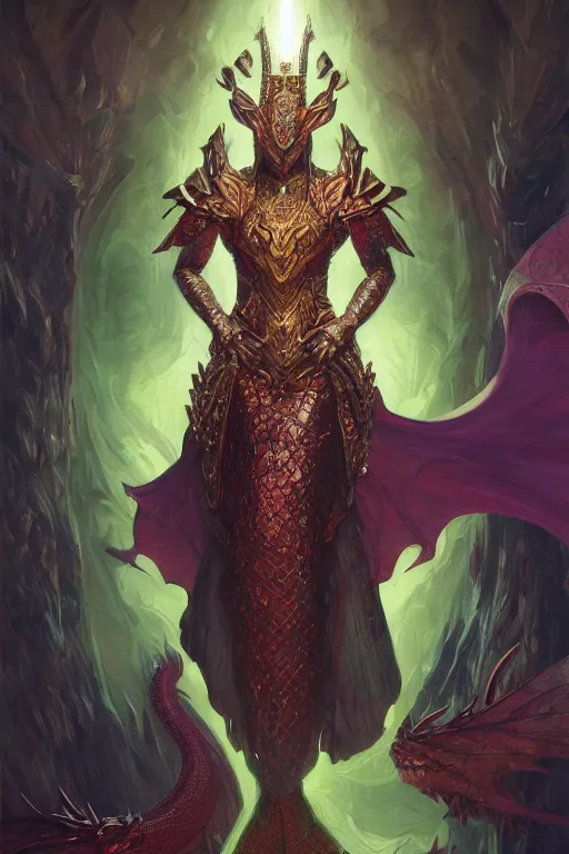 Prompt: masterpiece digital painting of a queen reptilian, dragon centered, heavy gold obsidian armor, chaotic ruby inlays, large cape, by kev walker and greg rutkowski and mucha, green sparkles, artstation, deviantart, closer view, cinematic lights