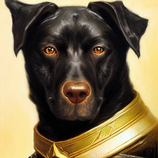 Prompt: a portrait of a black dog dogman canine star trek officer. highly detailed painting by gaston bussiere, craig mullins, j. c. leyendecker, furry