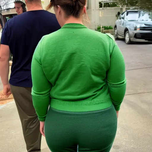 Image similar to back behind of thicc Princess Fiona wearing green sweatpants, and a green shirt