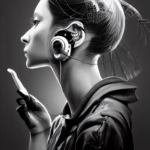 Prompt: the portrait of an absurdly beautiful, graceful, sophisticated, fashionable cyberpunk gravure idol, an ultrafine hyperdetailed illustration by kim jung gi, irakli nadar, matt wisniewski, intricate linework, neon wiring, porcelain skin, futuristic integrated headset, unreal engine 5 highly rendered, global illumination, radiant light, detailed and intricate environment