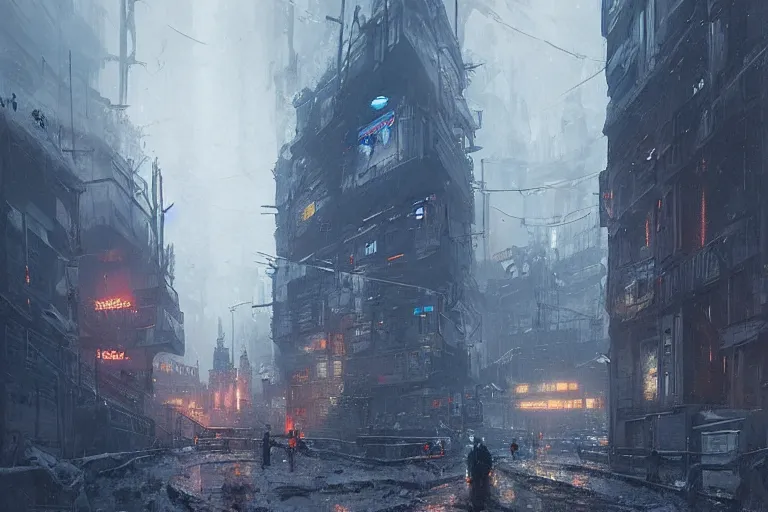 Image similar to cyberpunk depiction of the city of gdansk during arctic conditions by greg rutkowski