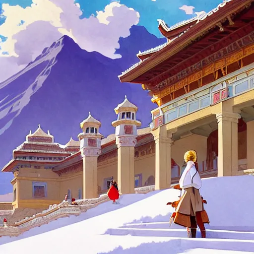 Prompt: a beautiful painting of huge ancient palace on the snow - capped mountains, clouds, summer, in the style of studio ghibli, j. c. leyendecker, greg rutkowski,