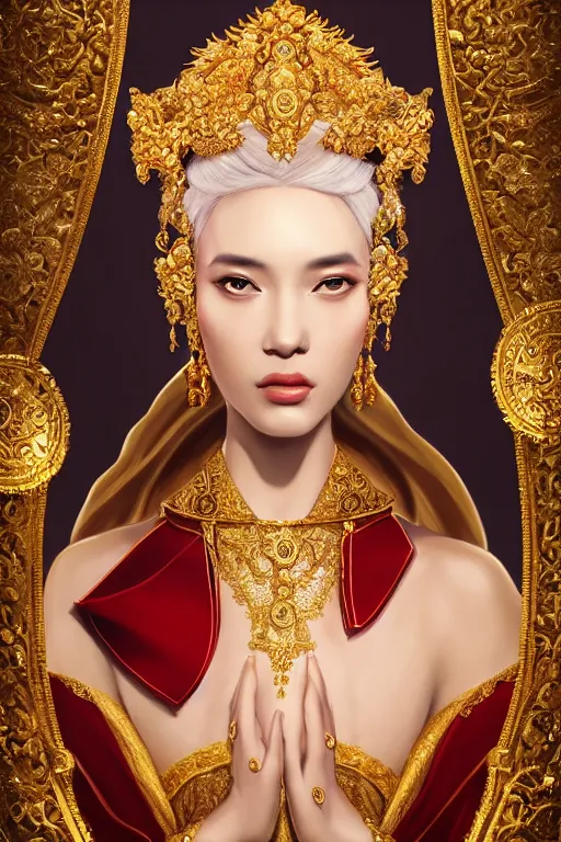 Image similar to a beautiful empress portrait, with a brilliant, impossible striking shiny big gold headpiece, gold clothes, rococo, baroque, jewels, asian, realistic, closeup, D&D, fantasy, intricate, elegant, highly detailed, digital painting, artstation, octane render, 8k, concept art, matte, sharp focus, illustration, art by Artgerm and Greg Rutkowski and Alphonse Mucha