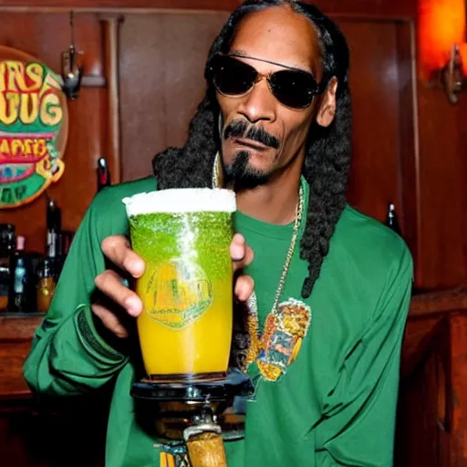 Image similar to snoop dogg at trader vic's bar holding a tiki mug with his face on it