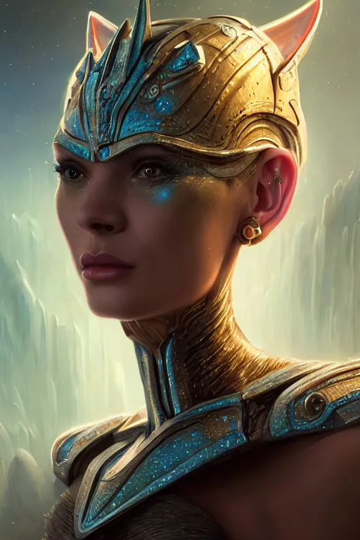 Image similar to portrait of a beautiful female hybrid cyborg atlantean anubis hada elsa jean alien warrior, regal, realistic, refined, detailed, digital art, jessica rossier, michael cheval, esao andrews, steampunk, walt disney ( 1 9 3 7 ), francois boucher, oil painting, highly detailed, cinematic lighting, unreal engine, 8 k, hd