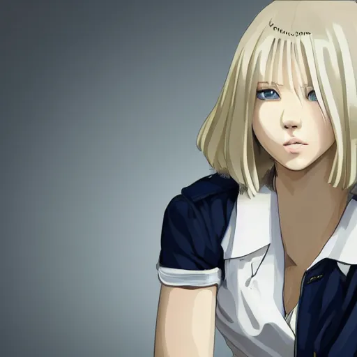 Prompt: platinum - blonde - haired long bob cut blue - eyed princess wearing white leggings and black jacket, sitting in bolshevik office, anime hd, highly detailed, hyperrealistic lighting