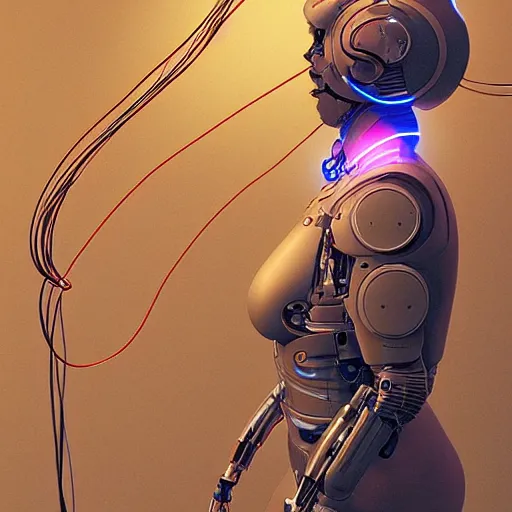 Image similar to A beautiful woman wearing a cybernetic helmet with many wires plugged into is and in her body by Moebius and Beeple