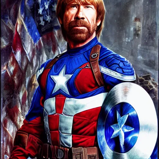 Prompt: uhd photorealistic detailed image of chuck norris dressed as captain america, wearing extremely intricate costume, by ayami kojima amano karol bak tonalism