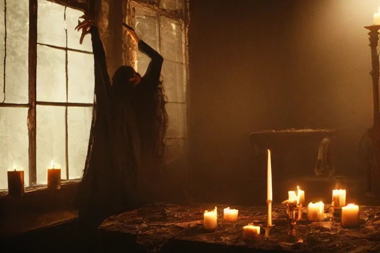 Image similar to VFX movie of levitating ascending beautiful goth woman in the decadent attic, demonic magic ritual, candles, glowing eyes, atmospheric natural lighting at night by Emmanuel Lubezki