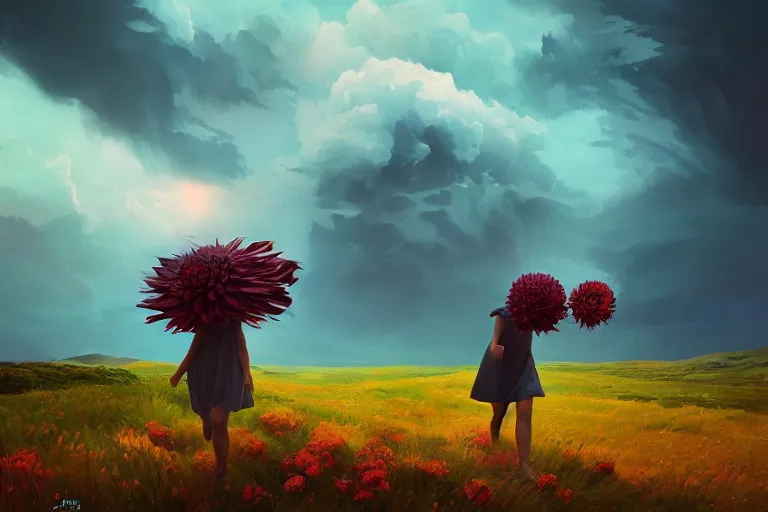 Image similar to giant dahlia flower as a head, girl walking on mountain, surreal photography, stars, dramatic light, impressionist painting, storm clouds, digital painting, artstation, simon stalenhag