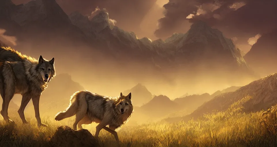 Image similar to wolves and their treasures - golden mountains - dramatic lighting, trending on artstation, highly detailed render by studio ghibli