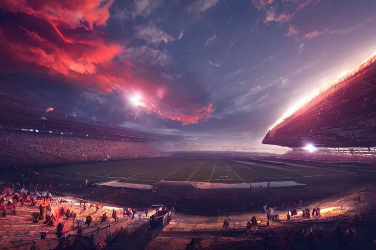 Prompt: meteorites fall from the red sky upon a football stadium, crowds panic, cinematic lighting by Jessica Rossier