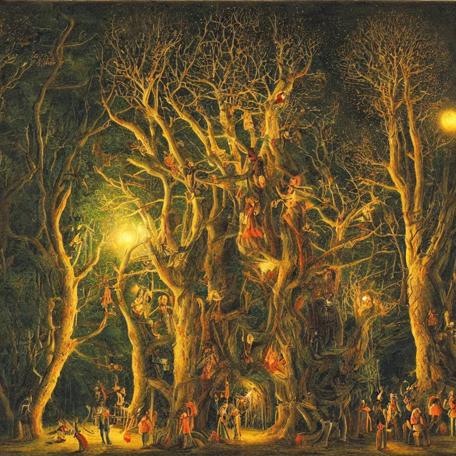 Image similar to a night carnival around a magical tree cavity, with a surreal orange moonlight and fireworks in the background, next to a lake with iridiscent water, christmas lights, folklore animals and people disguised as fantastic creatures in a magical forest by summer night, masterpiece painted by julius schnorr von carolsfeld, dark night environment