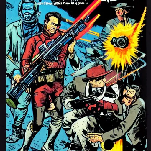 Image similar to space opera gunfight, in the style of feldstein, johnny craig, wally wood, and jack davis - - ar 1 6 : 9 subbed out gunfight for : slugfest, shootout, warzone,