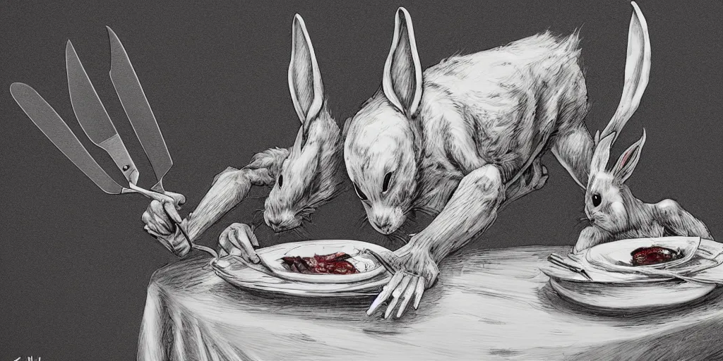 Image similar to An evil detailed white rabbit eating human bodyparts with a knife and fork sitting on a chair at the dinner table, by Mike Francini, Artstation, Dark, Fantasy, bloody, scary, spooky, detailed