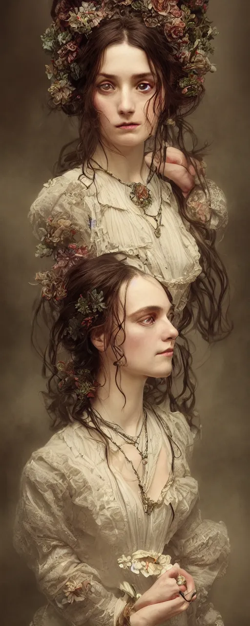 Prompt: a one - quarter portrait of a victorian woman, studio shot, cinematic, artgerm, detailed, intricate, elegant, highly detailed, digital painting, artstation, concept art, smooth, sharp focus, illustration, art by greg rutkowskii, hana yata, artem demura, alphonse mucha