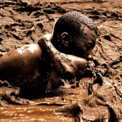 Image similar to 1 8 year old black boy soldier, rising out of muddy vietnam river, face covered in mud, low camera angle at water level, night time, film still from apocalypse now ( 1 9 7 9 ), 2 6 mm,