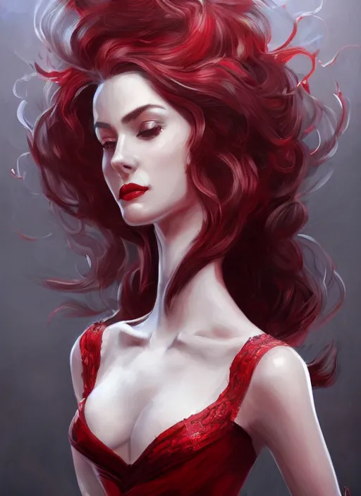 Image similar to a highly detailed illustration of long black hair white woman wearing a red and black dress, dramatic smile pose, intricate, elegant, highly detailed, centered, digital painting, artstation, concept art, smooth, sharp focus, league of legends concept art, WLOP