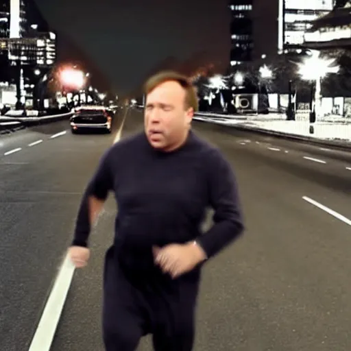 Prompt: dashcam footage of a very angry alex jones running in his pajamas, grainy night footage
