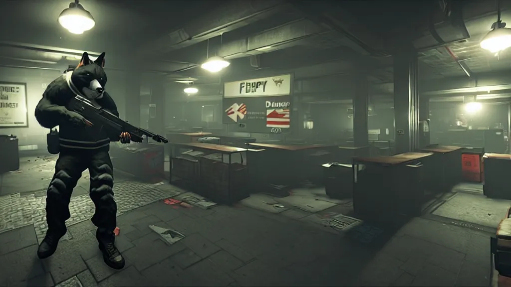 Image similar to Screenshot from the PC game Payday 2 demonstrating the fursuit unlock- Hoxton? More like Foxton.