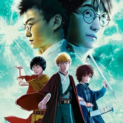 Image similar to poster for a film fantasy japanese animation called harry potter a new hope, 8 k, hd, dustin nguyen, akihiko yoshida, greg tocchini, greg rutkowski, cliff chiang, award winning, awesome composition