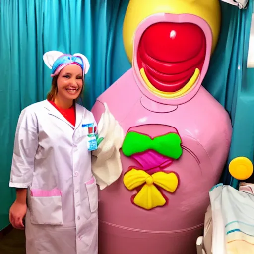 Prompt: photo of a happy patient and nurse in a hospital room made out of soft candy, candy equipment, candy hospital room, candy treatments, oompa loompa virus, willy wonka pandemic