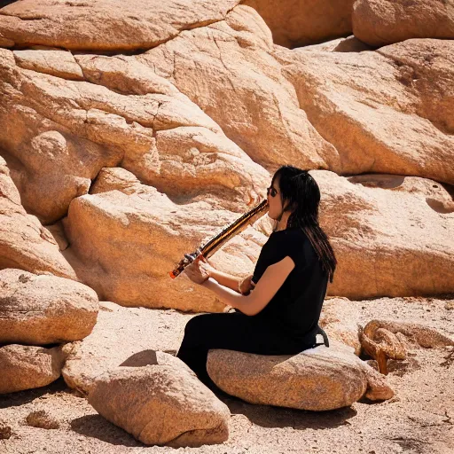 Image similar to a female playing flute whilst sitting on a rock in the desert. cinematic 8 k, depth of field, bokeh.