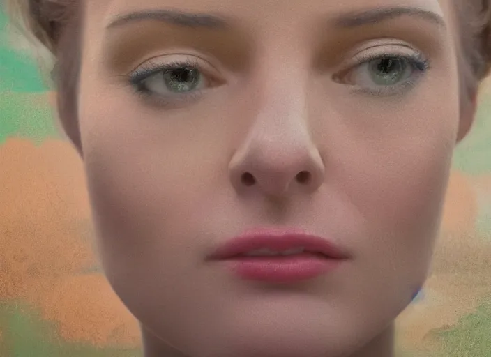 Prompt: cinematic mid shot of a high detail, refined woman's face looking off camera. fine facial features. she stands in an empty, pastel colourful 3 d, forrest scene, shallow depth of field, multiple copies of the woman, by jeffrey smart and gregory crewdson and edward hopper, inspired by the grand budapest hotel