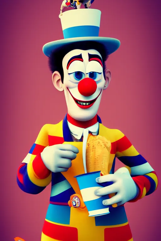 Image similar to portrait of a clown holding a cup of coffee with the circus in background, full body. pixar disney 4 k 3 d render funny animation movie oscar winning trending on artstation and behance