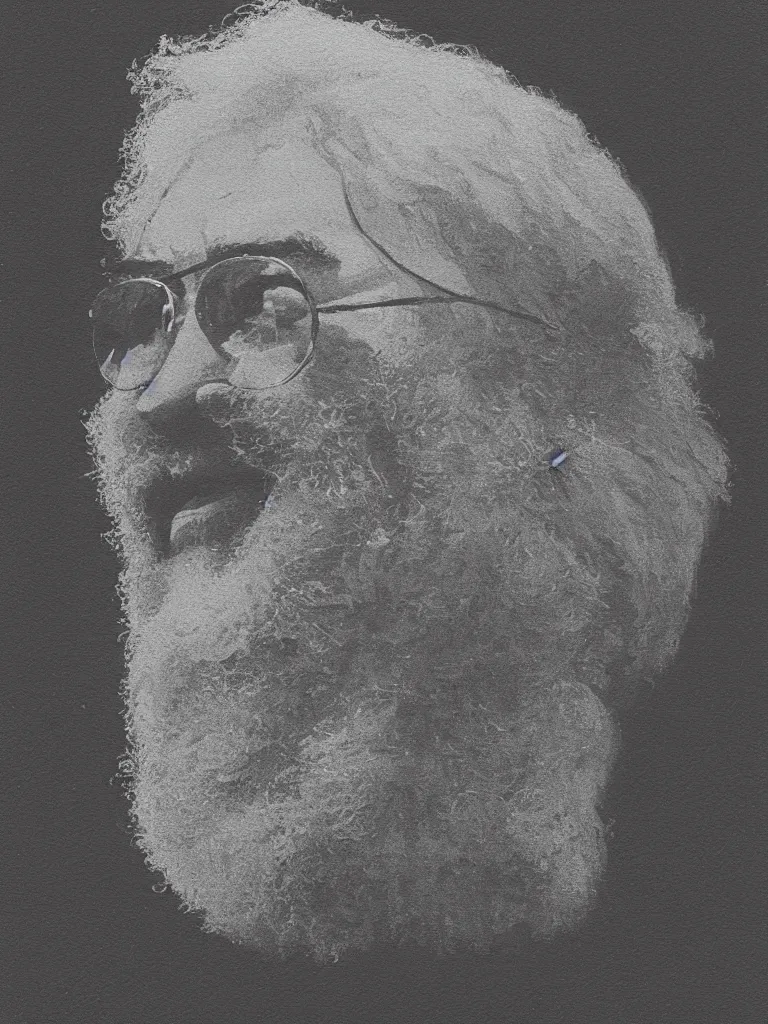 Image similar to professional painting of Jerry Garcia in the style of Quint Buchholz, head and shoulders portrait, symmetrical facial features, smooth, sharp focus, illustration, intricate, stormy weather, extremely detailed masterpiece,