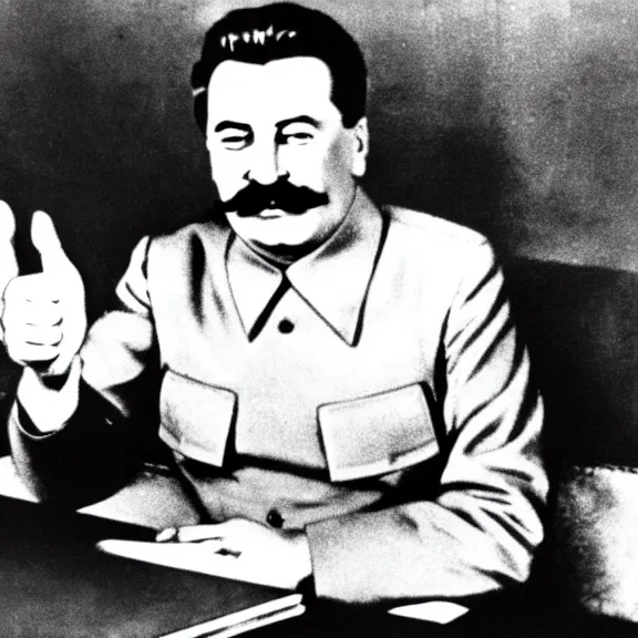 Image similar to stalin sits in front of a laptop, watching it and showing thumbs up on his left hand