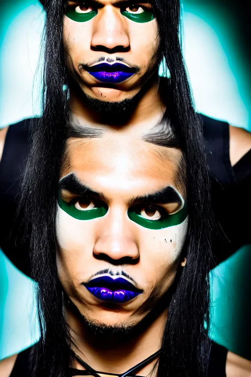 Prompt: a beautiful portrait photo of Boston Celtics Jayson Tatum wearing cybergothic clothing, bright colored streaks of hair, messy long black hair, black lipstick, heavy eyeliner, cute smile, beautiful detailed eyes, golden hour in Beijing, outdoors, professional award winning portrait photography, Zeiss 150mm f/2.8 Hasselblad