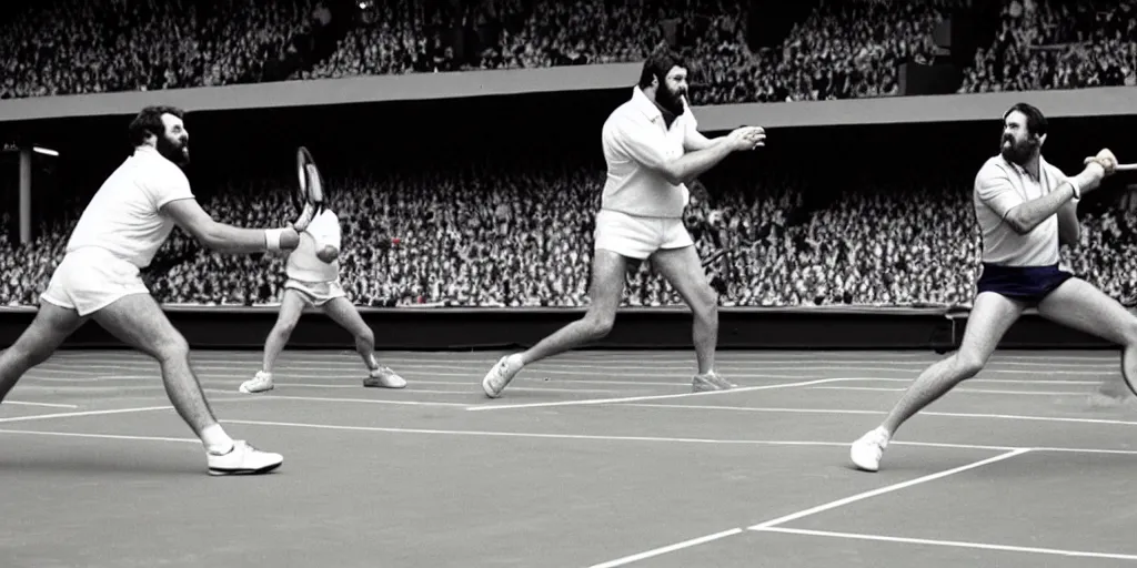 Prompt: photo of geoff capes wiining wimbledon tennis final against steve silk hurley