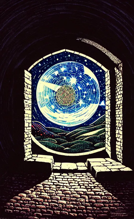 Prompt: stone brick wall inside of a castle, round window looking out to the starry night sky laboratory, high details, intricately detailed, by vincent di fate, inking, 3 color screen print, masterpiece, trending on artstation,, sharp, details, hyper - detailed, hd, 4 k, 8 k